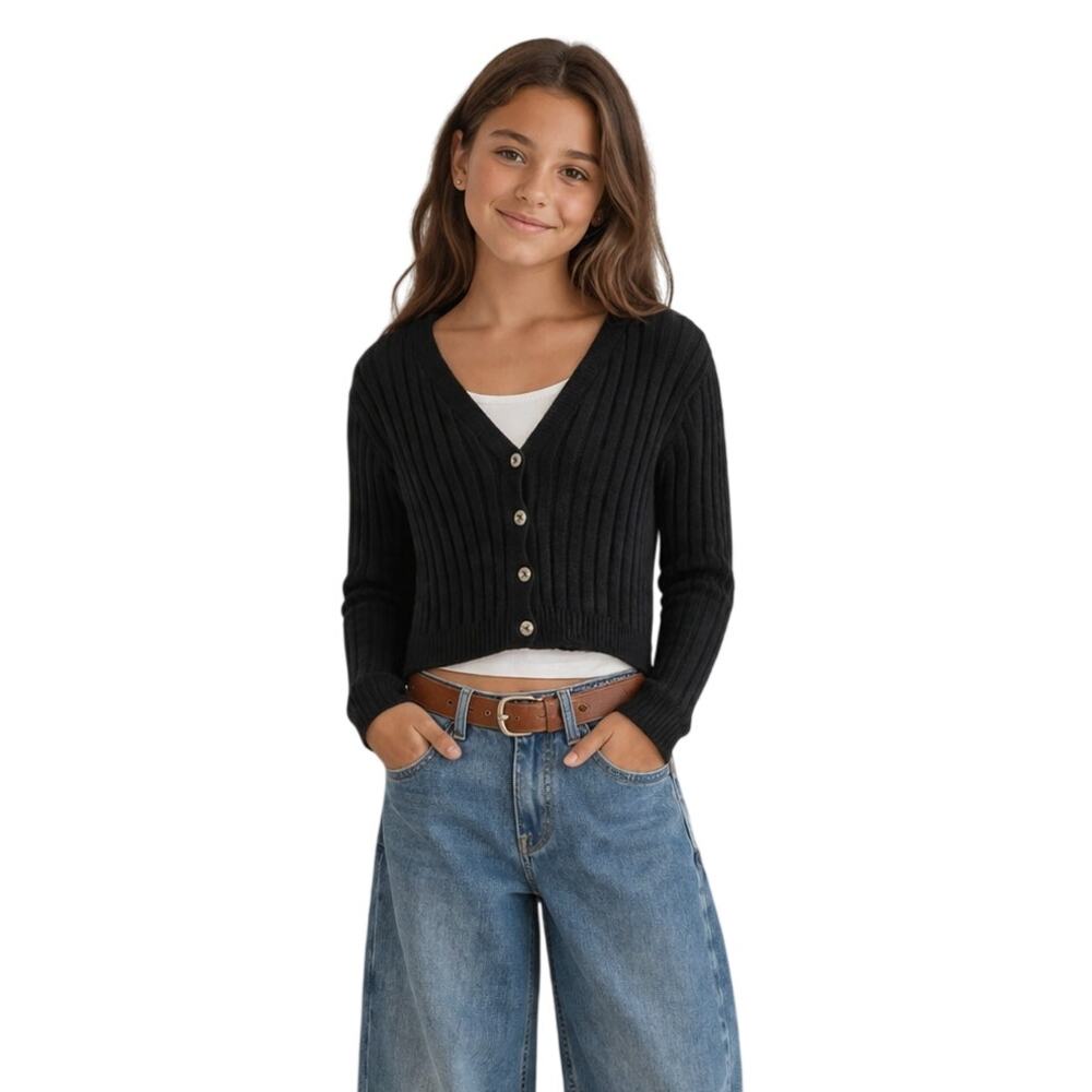 Art Class Girls Cropped Cardigan Ribbed Knit Button Front, Black Size L (10-12)